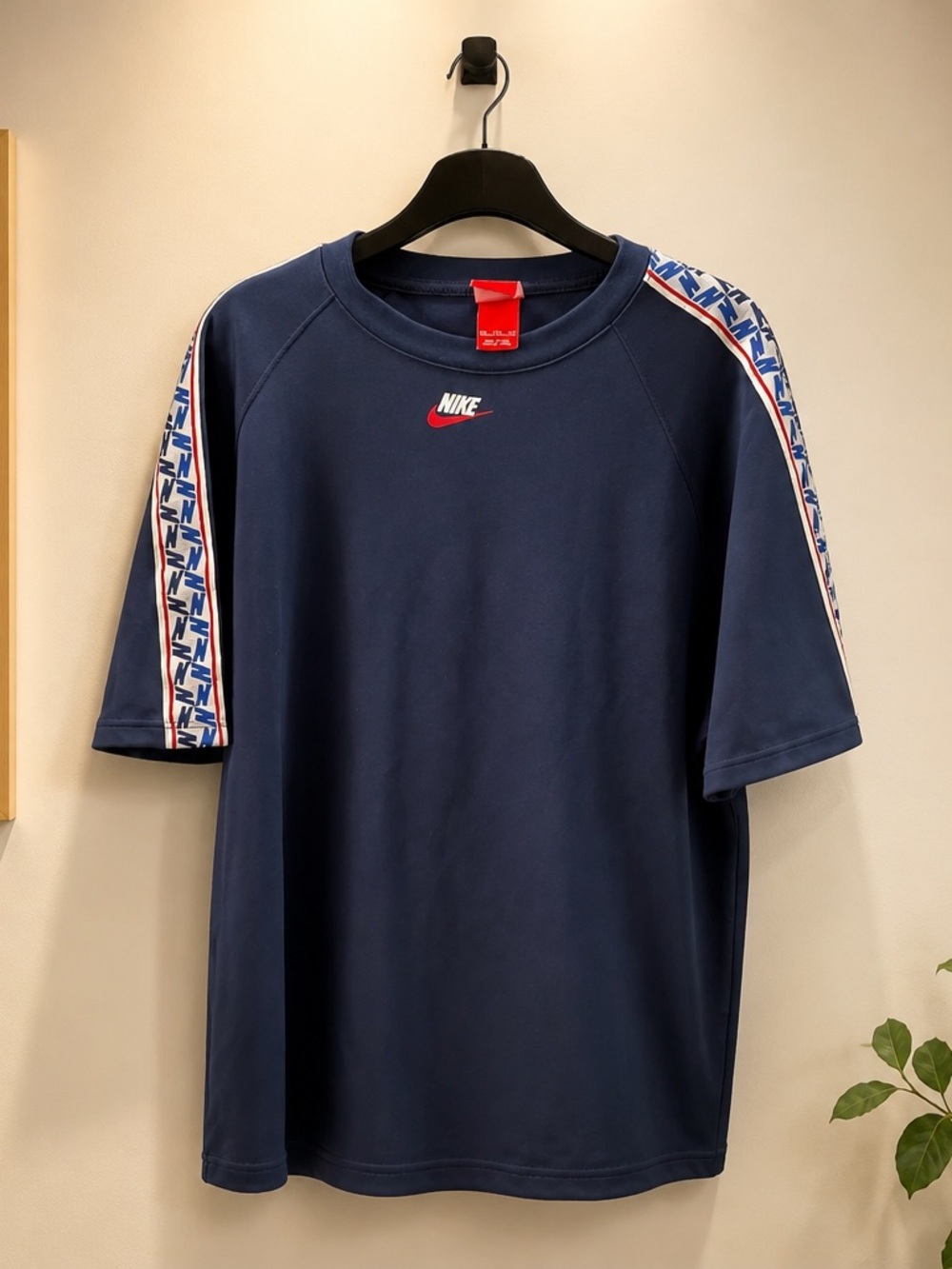 Nike Navy Short-Sleeve Crew with Red Swoosh and Patterned Shoulder Tape